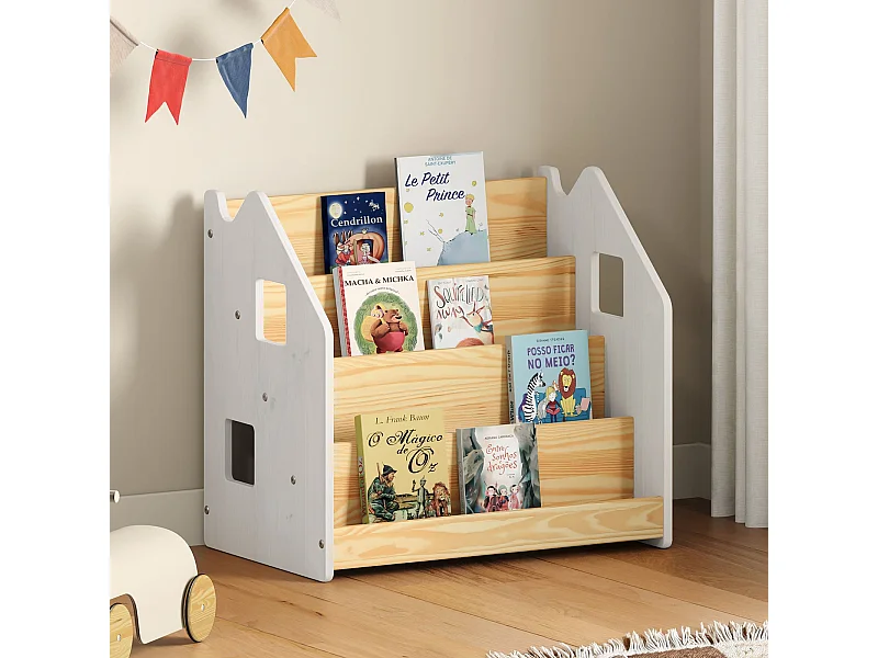 Bibliothèque enfant BRUNO, Rangement livres pour chambre enfant, 4 Compartiments, En pin massif maqué blanc/naturel