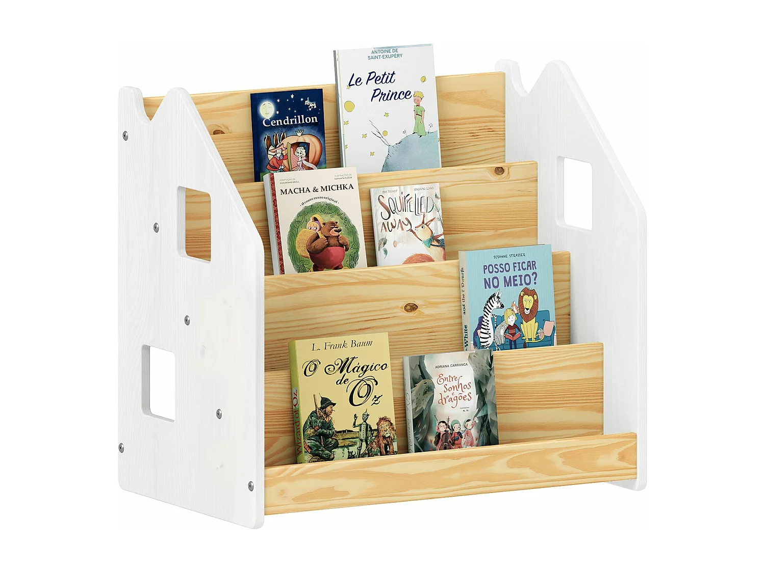 Bibliothèque enfant BRUNO, Rangement livres pour chambre enfant, 4 Compartiments, En pin massif maqué blanc/naturel
