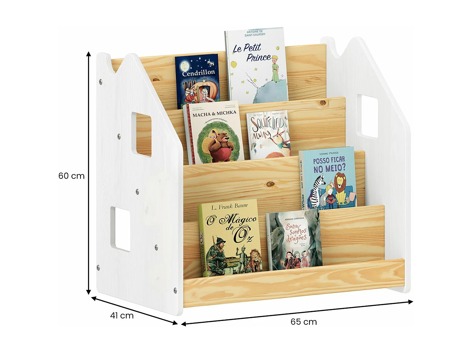 Bibliothèque enfant BRUNO, Rangement livres pour chambre enfant, 4 Compartiments, En pin massif maqué blanc/naturel