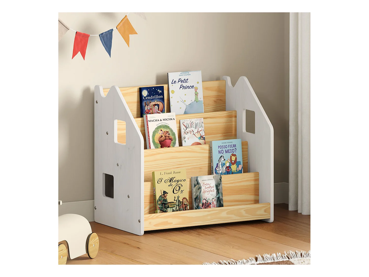 Bibliothèque enfant BRUNO, Rangement livres pour chambre enfant, 4 Compartiments, En pin massif maqué blanc/naturel