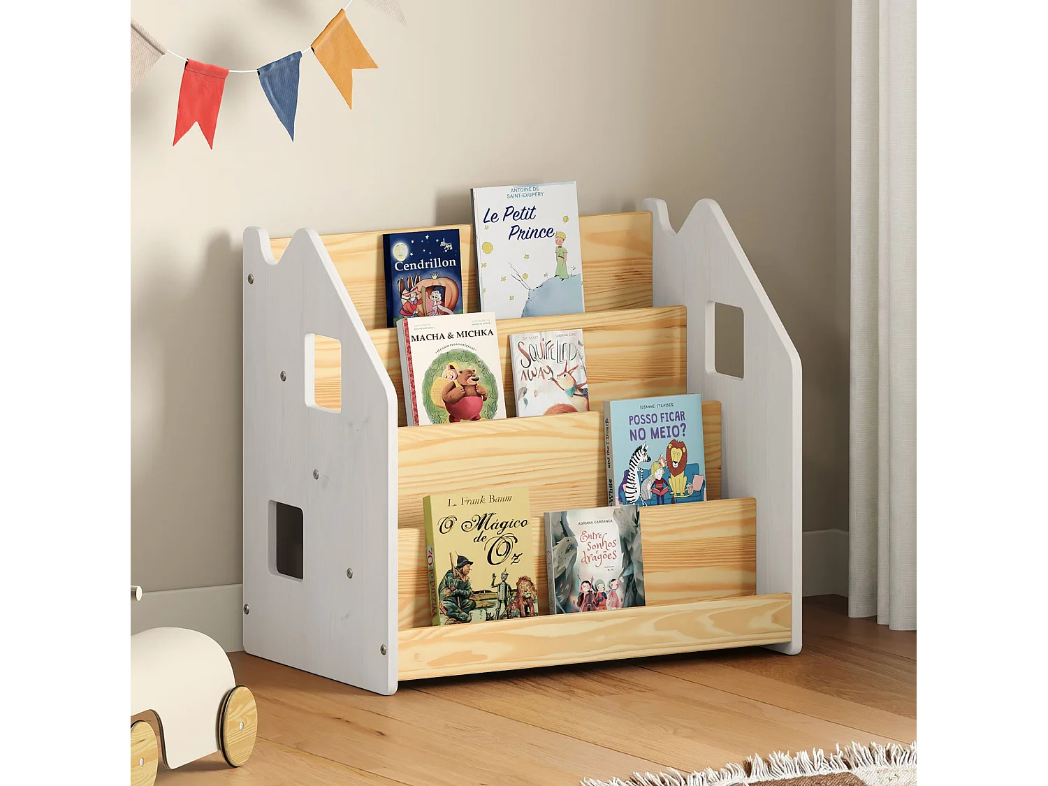 Bibliothèque enfant BRUNO, Rangement livres pour chambre enfant, 4 Compartiments, En pin massif maqué blanc/naturel