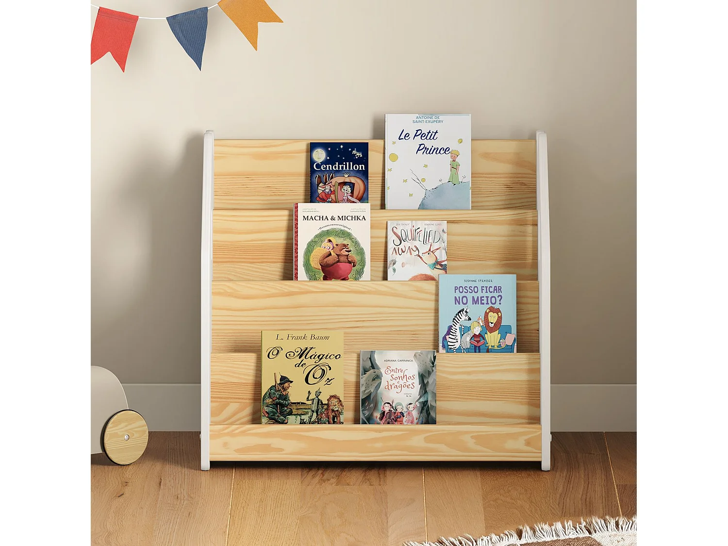 Bibliothèque enfant BRUNO, Rangement livres pour chambre enfant, 4 Compartiments, En pin massif maqué blanc/naturel