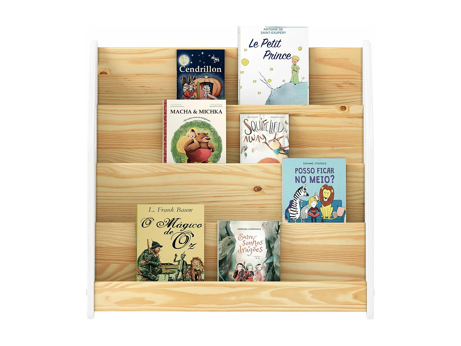 Bibliothèque enfant BRUNO, Rangement livres pour chambre enfant, 4 Compartiments, En pin massif maqué blanc/naturel