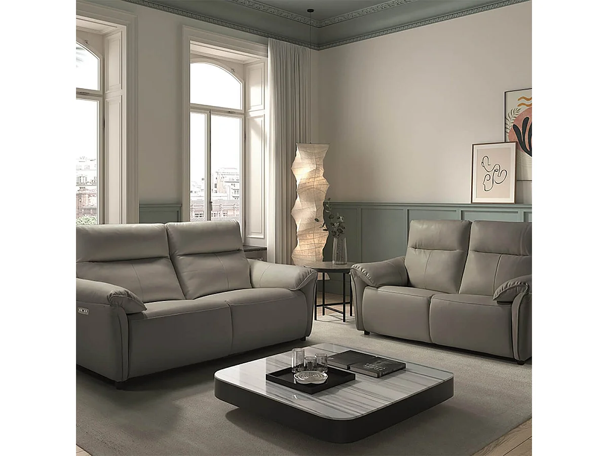 MAZARO - Canapés 3 Places Relax Electrique + 2 Places Fixe Cuir Gris éléphant