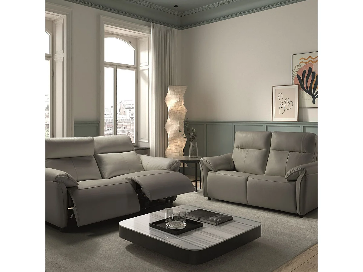 MAZARO - Canapés 3 Places Relax Electrique + 2 Places Fixe Cuir Gris éléphant