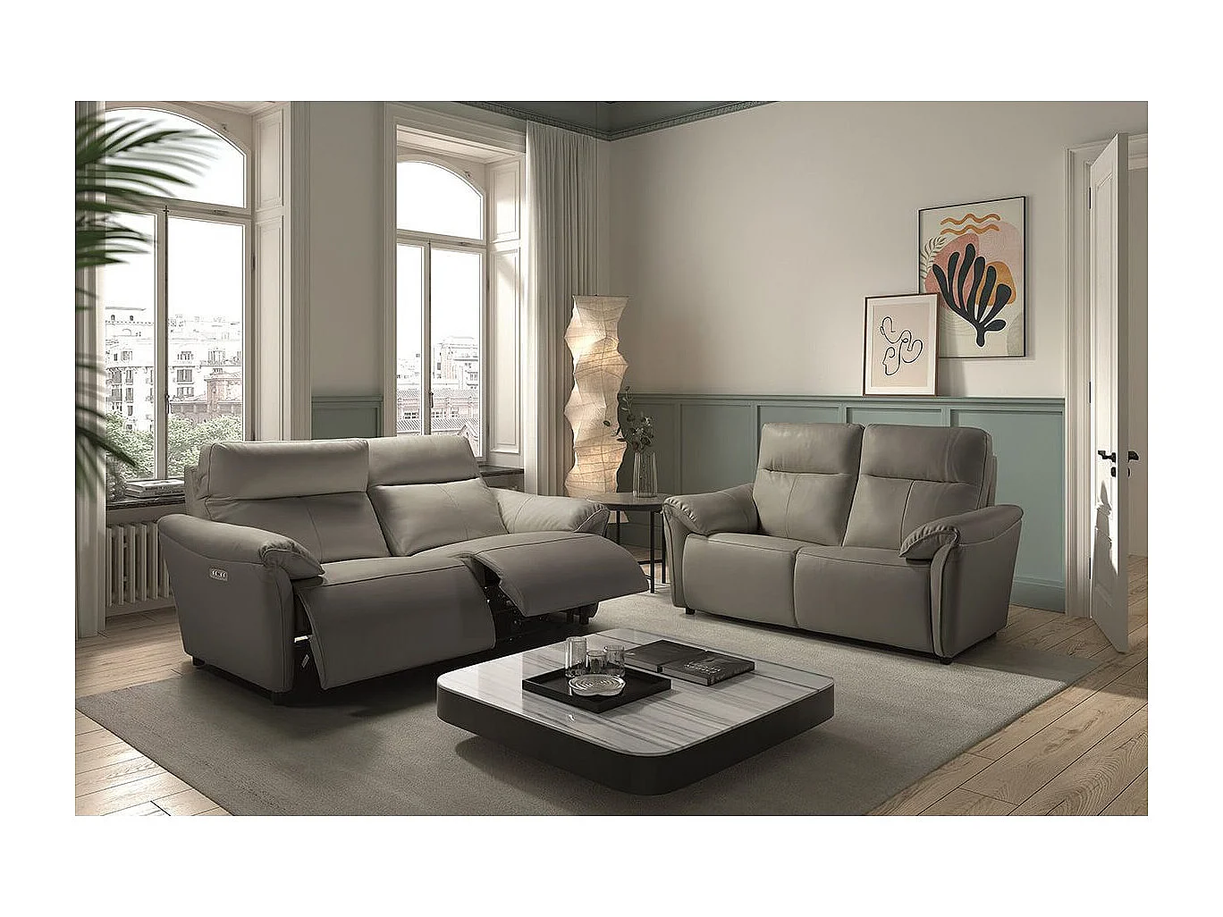 MAZARO - Canapés 3 Places Relax Electrique + 2 Places Fixe Cuir Gris éléphant