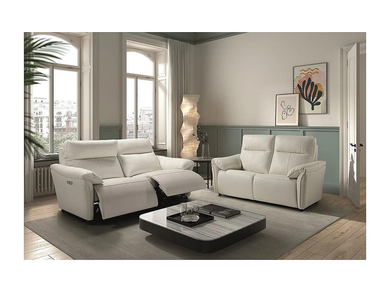 MAZARO - Canapés 3 Places Relax Electrique + 2 Places Fixe Cuir Blanc