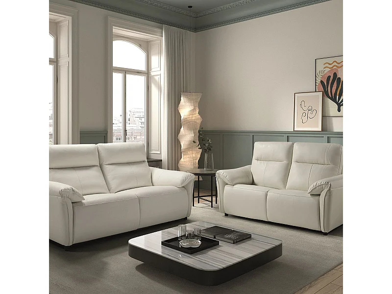 MAZARO - Canapés 3 Places Relax Electrique + 2 Places Fixe Cuir Blanc