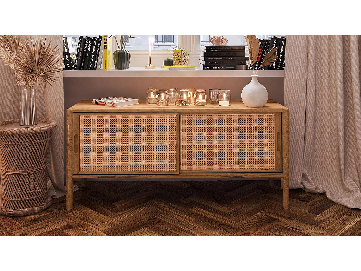 Meuble bas hêtre et canage sogno 142x46cm