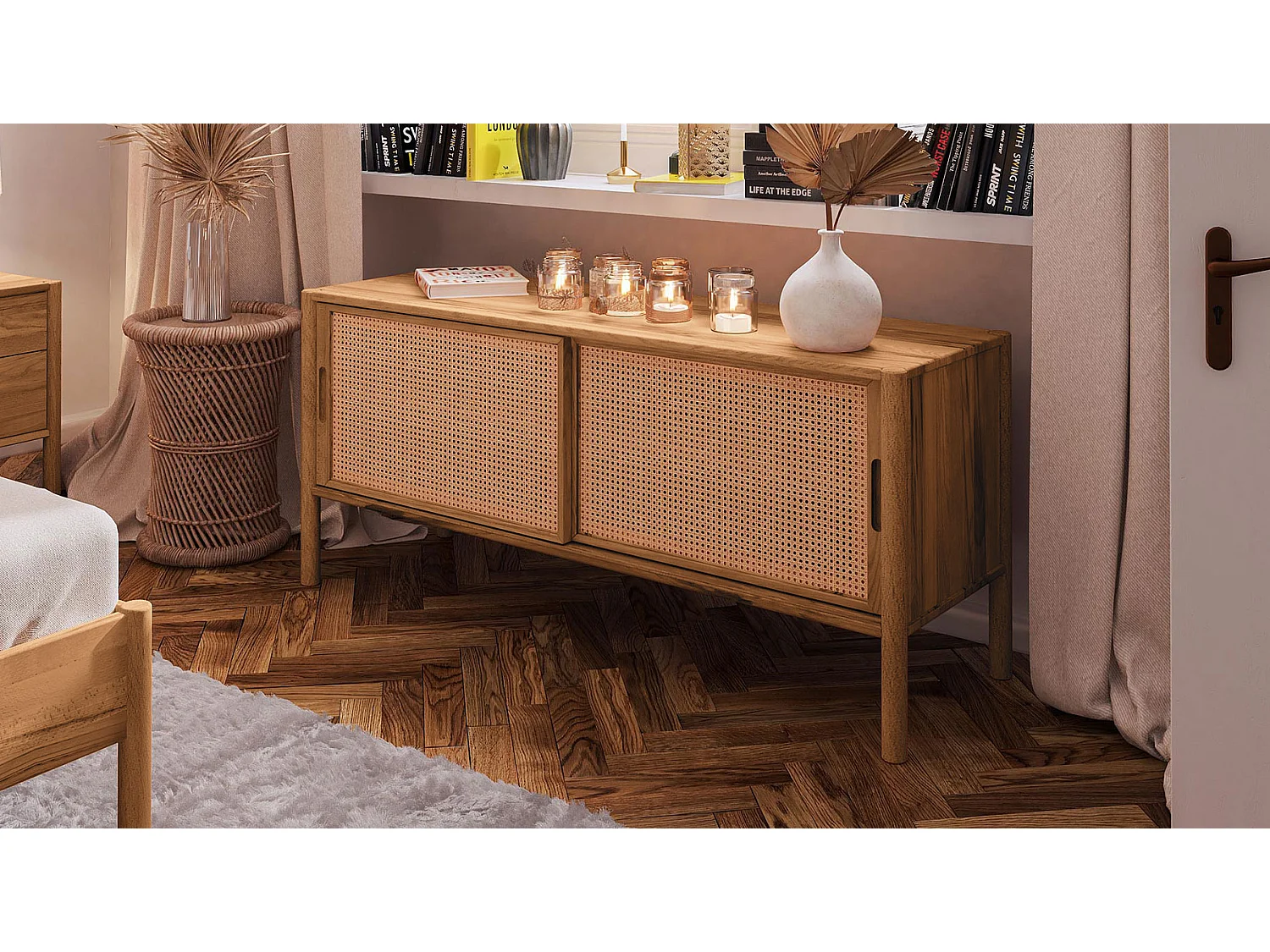 Meuble bas hêtre et canage sogno 142x46cm