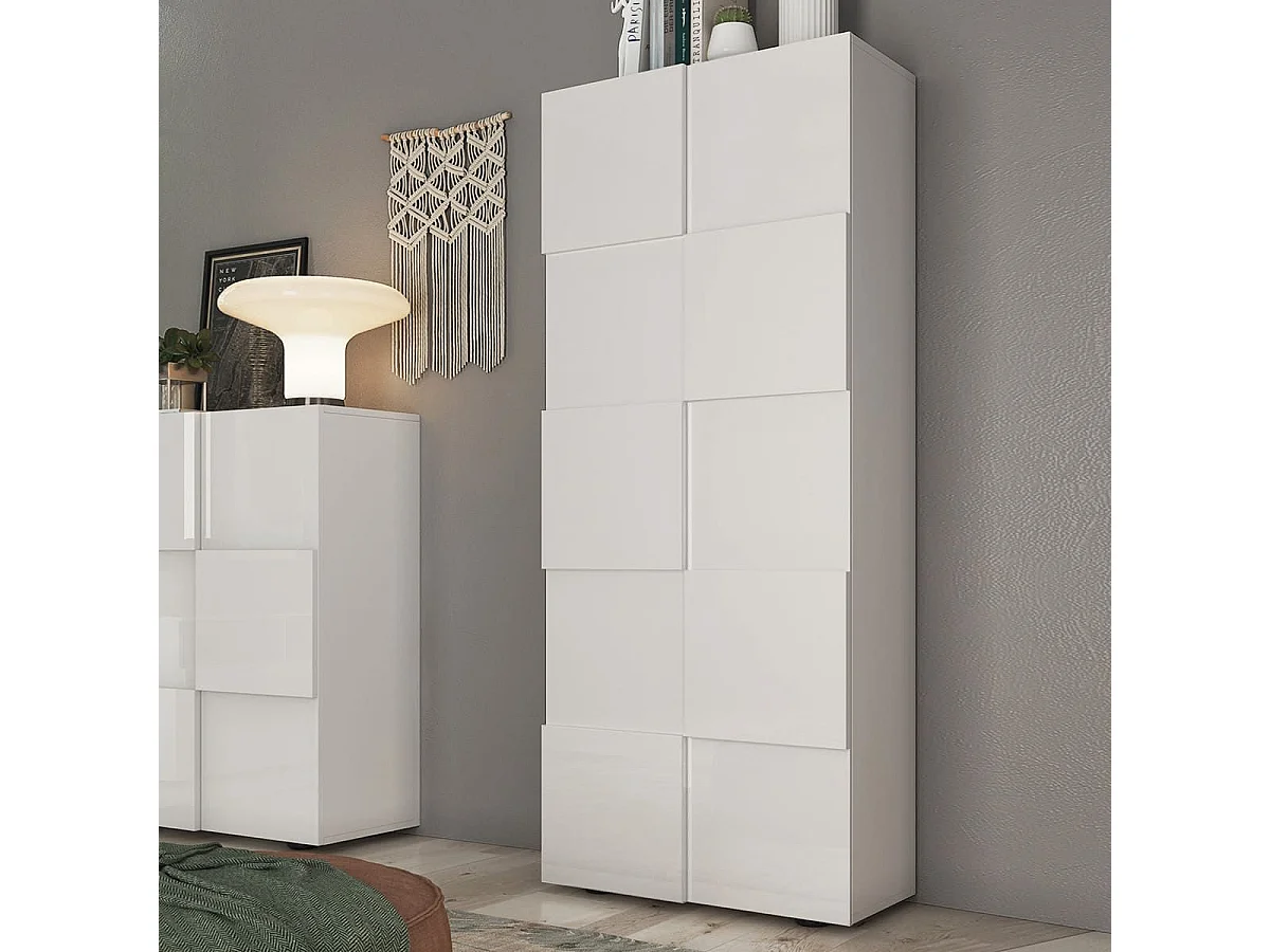 REBECCA - Penderie 2 portes avec 2 étagères Blanc Laqué Weiss Relief Damiers