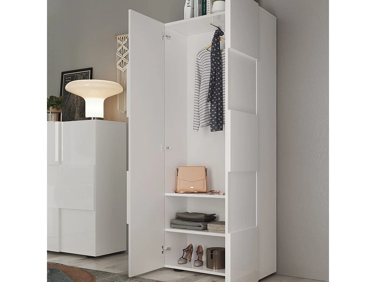 REBECCA - Penderie 2 portes avec 2 étagères Blanc Laqué Weiss Relief Damiers