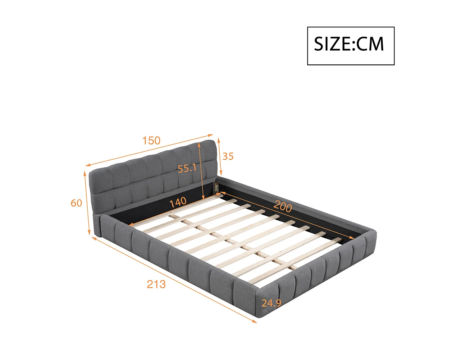 Letto per adulti 140x200cm, letto matrimoniale in lino con schienale morbido, Letto piano con struttura imbottita, rete a doghe, testiera, grigio