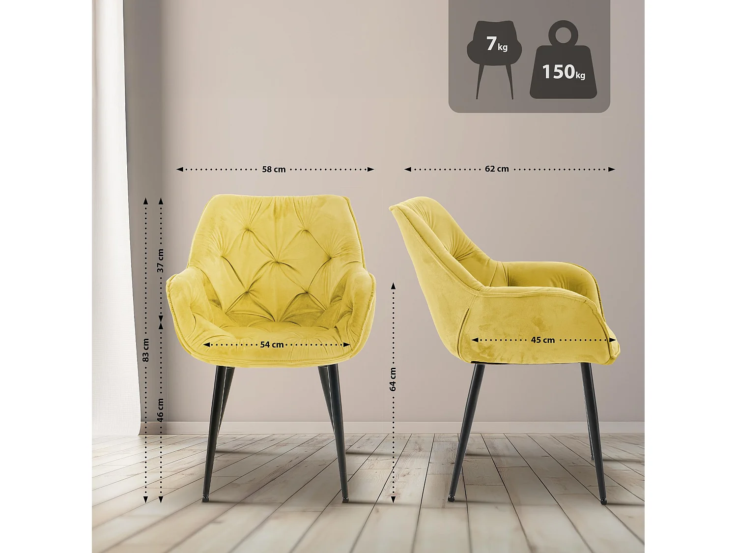 Lot de 2  chaises avec accoudoirs - Velours - Jaune - Tanna