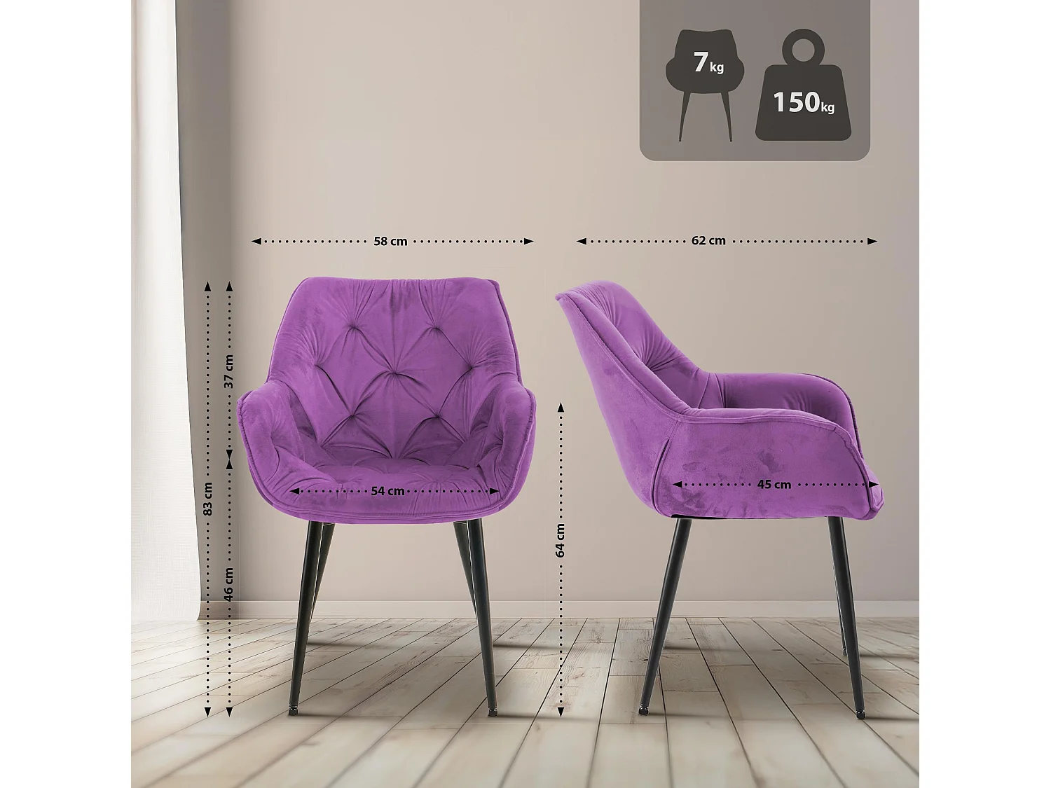 Lot de 2  chaises avec accoudoirs - Velours - Violet - Tanna