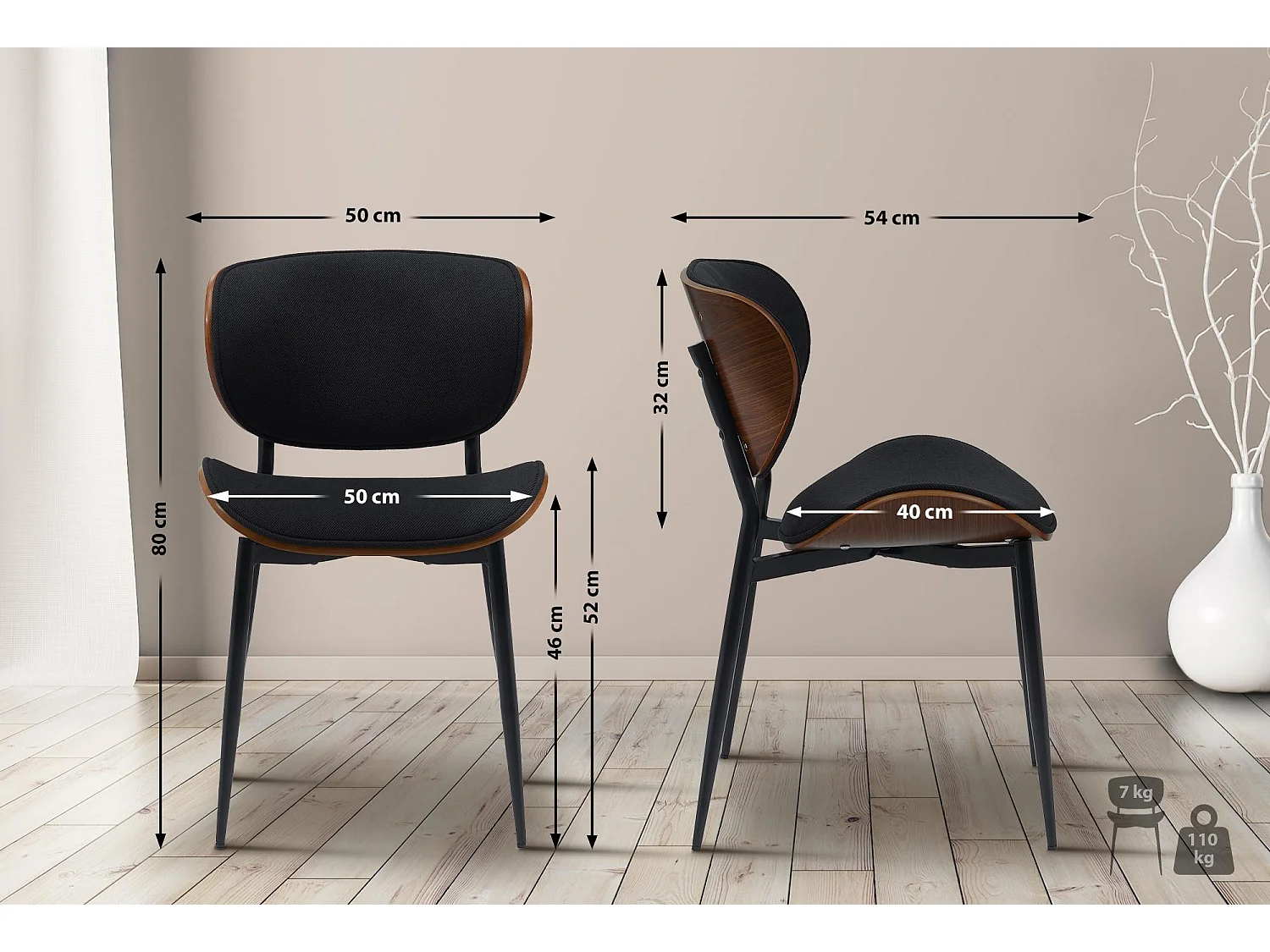 chaise salle à manger - Tissu - Noyer / Noir - Enid