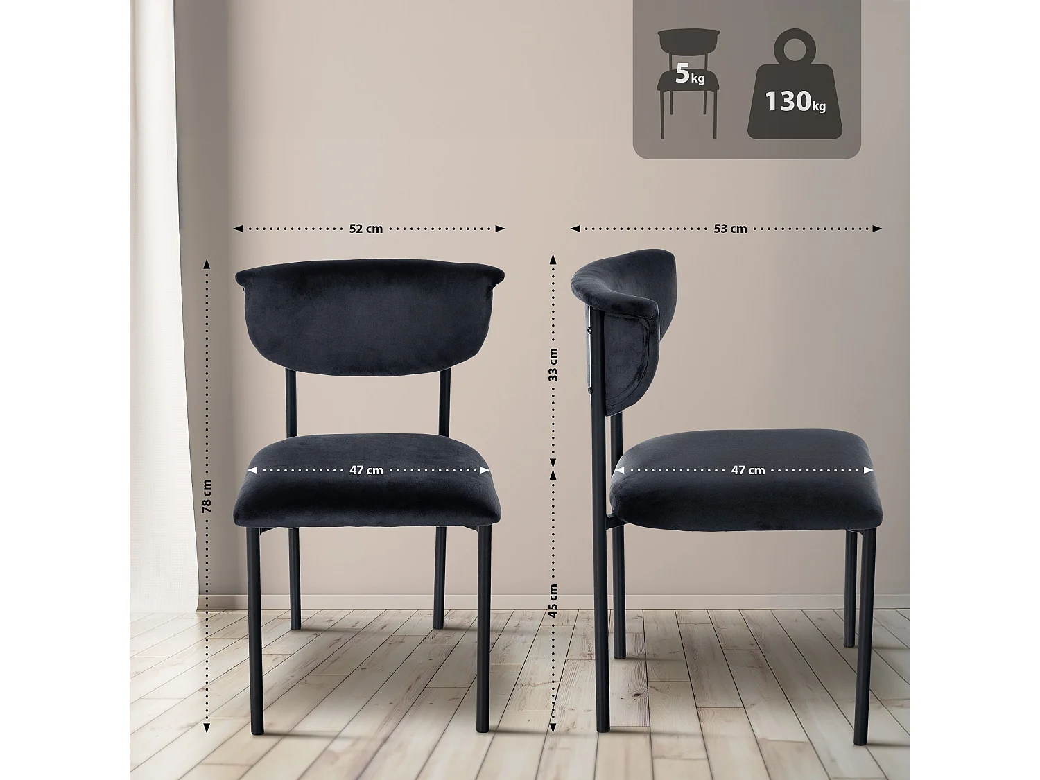 chaise salle à manger - Velours - Noir - Gambell