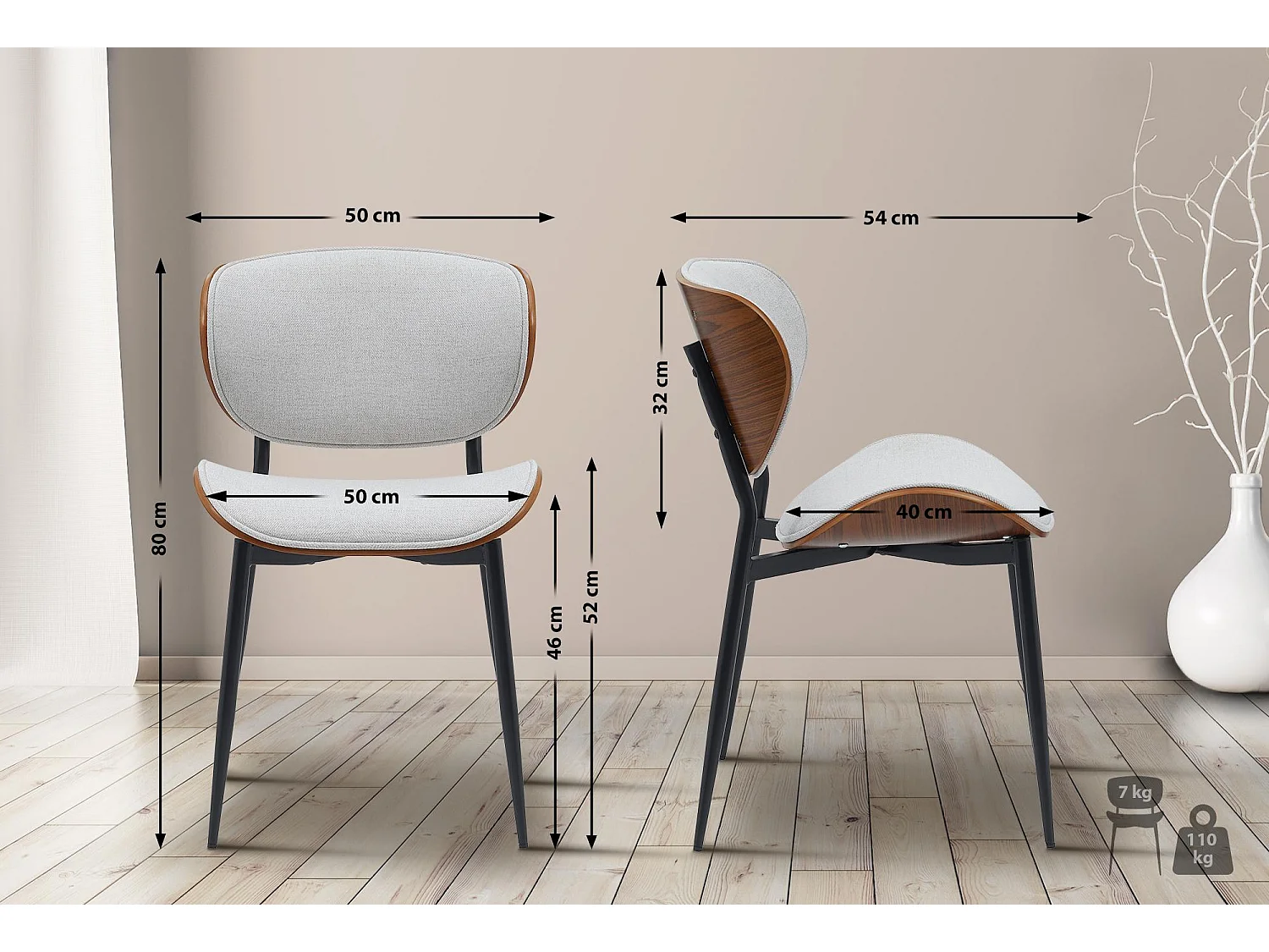 chaise salle à manger - Tissu - Noyer / Crème - Enid