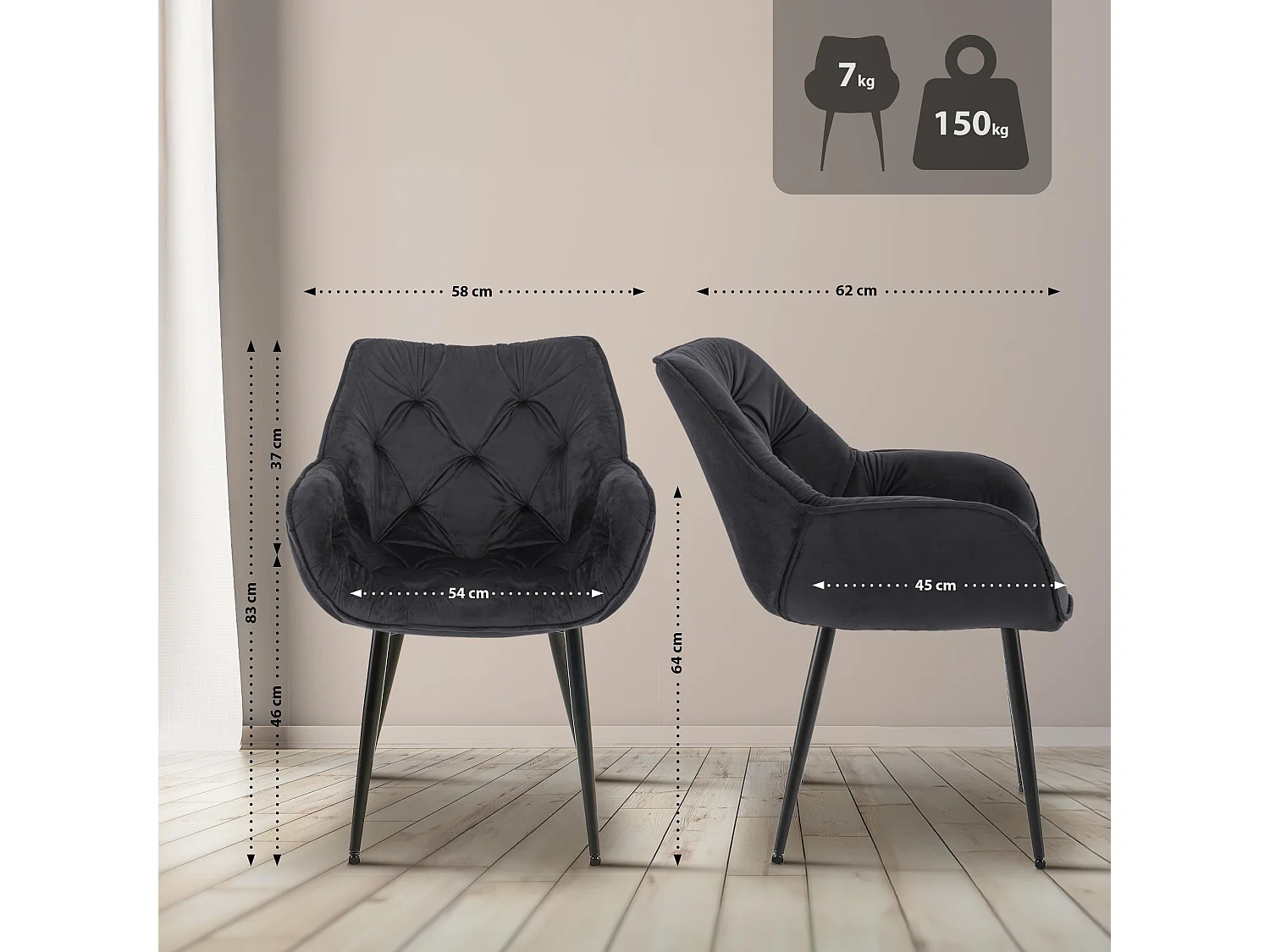 Lot de 2  chaises avec accoudoirs - Velours & Noir - Noir - Tanna