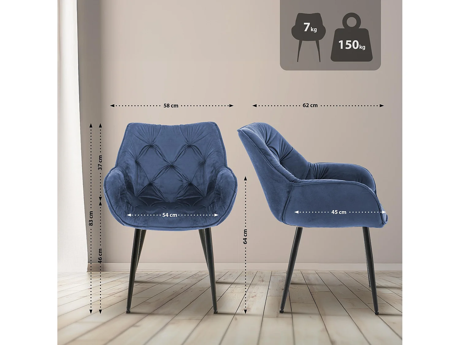 Lot de 2  chaises avec accoudoirs - Velours & Noir - Bleu - Tanna