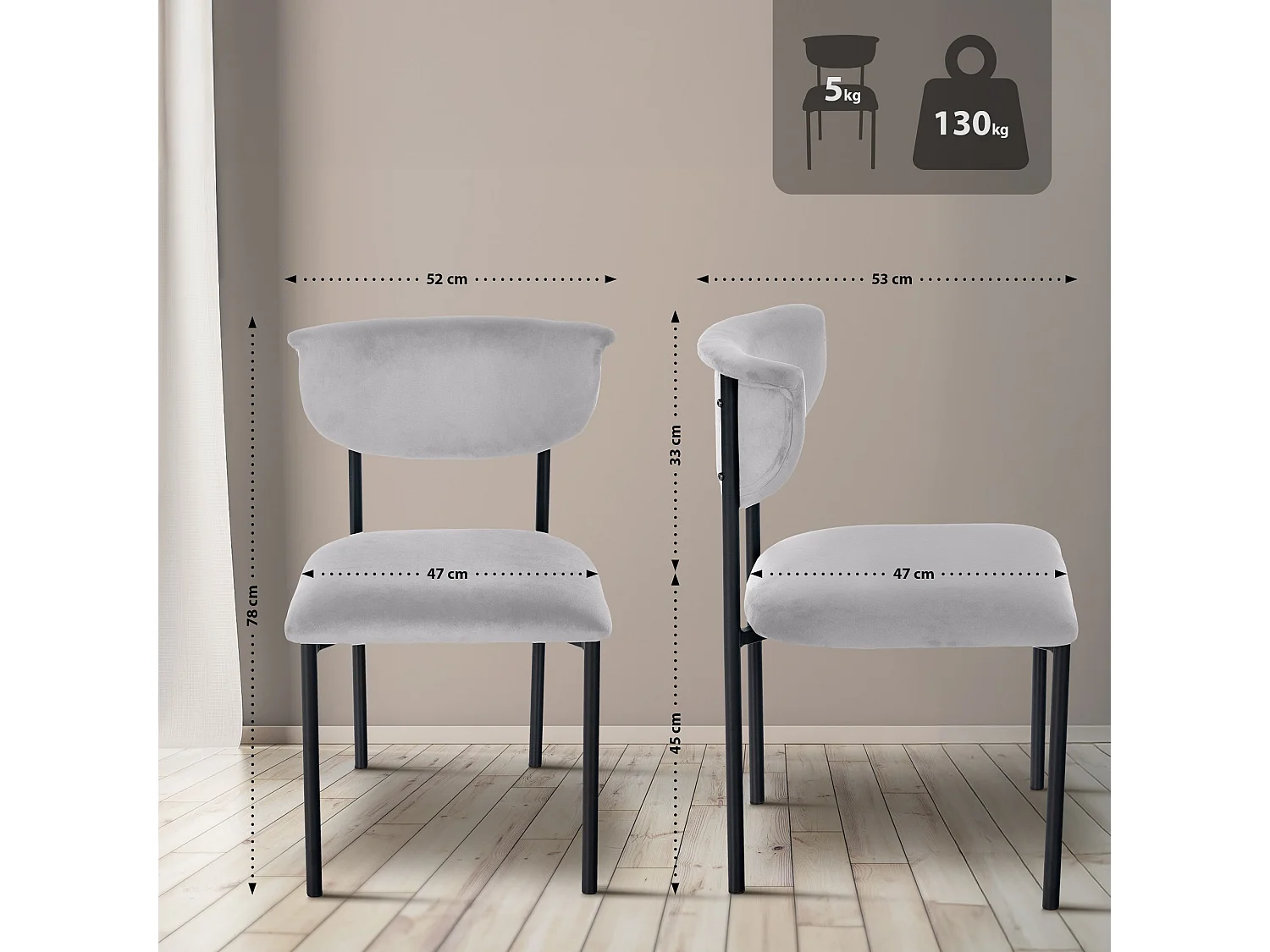 chaise salle à manger - Velours & Noir - Gris - Gambell