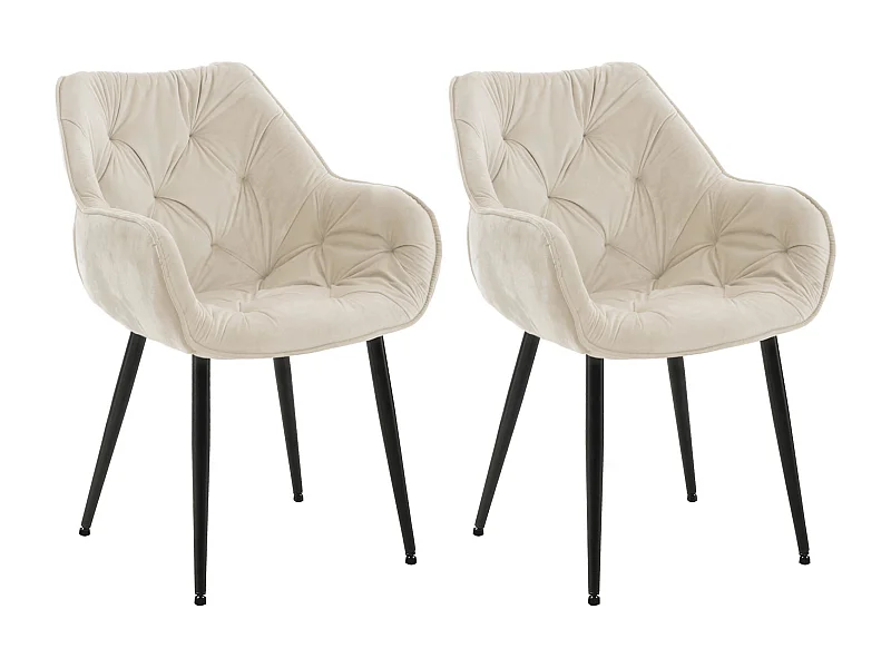 Lot de 2  chaises avec accoudoirs - Velours & Noir - Crème - Tanna