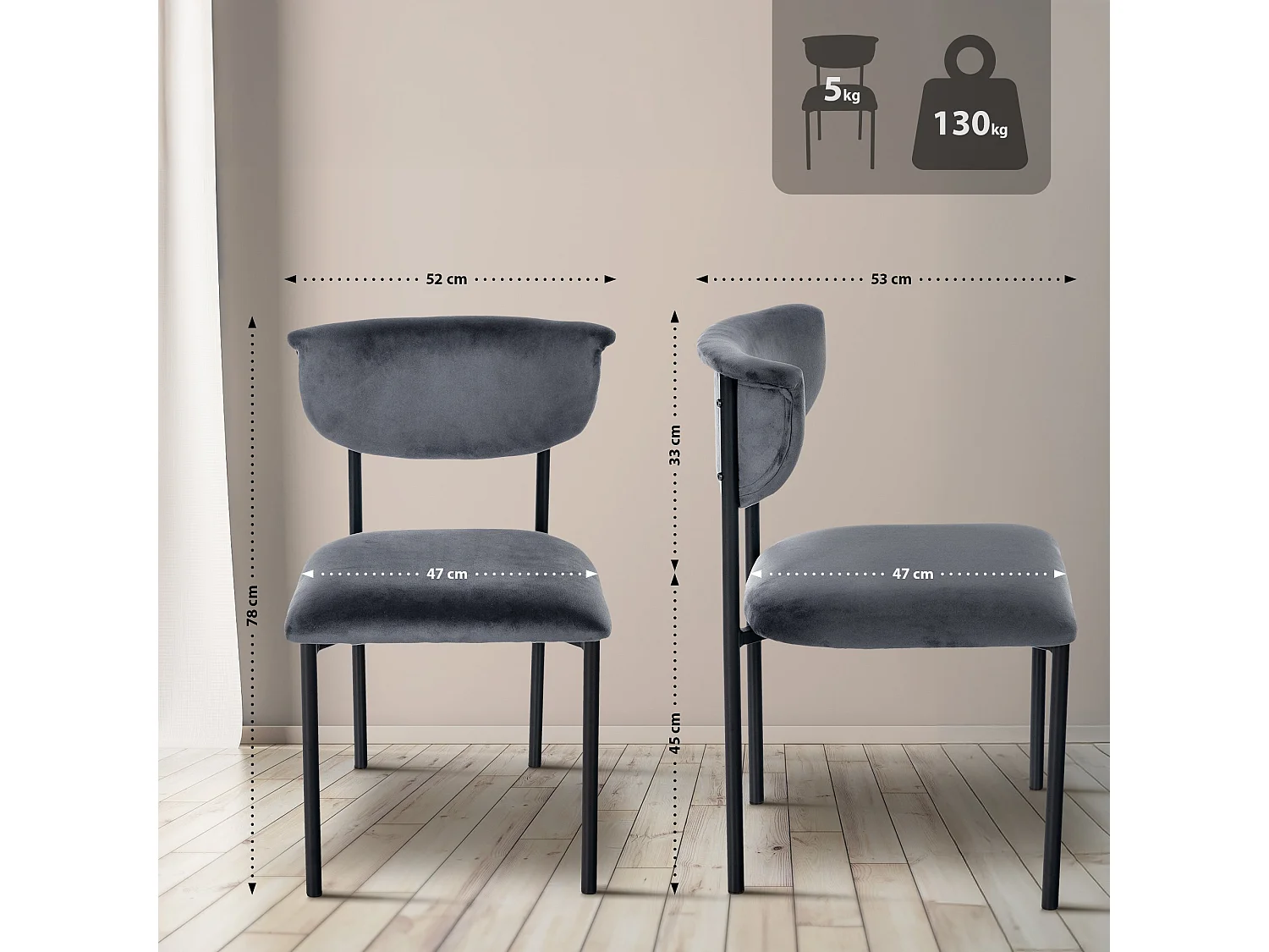 chaise salle à manger - Velours - Gris foncé - Gambell