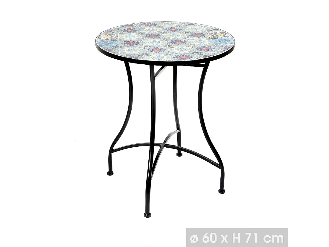 Mesa de jardín redonda bistró colección PORTO – Mosaico decorativo – Metal negro – Ø60xH71 cm