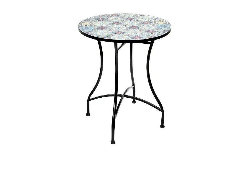 Table de jardin ronde bistrot collection PORTO – Mosaïque décorative – Métal noir – Ø60xH71 cm