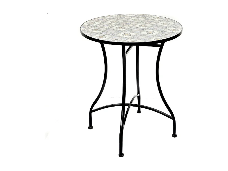 Table de jardin ronde bistrot – Mosaïque décorative – Métal noir – Ø60xH71 cm