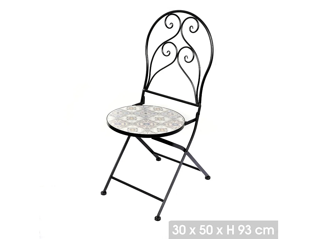 Lot de 2 chaises de jardin bistrot pliables – Mosaïque décorative – Métal noir – 30x50x93 cm