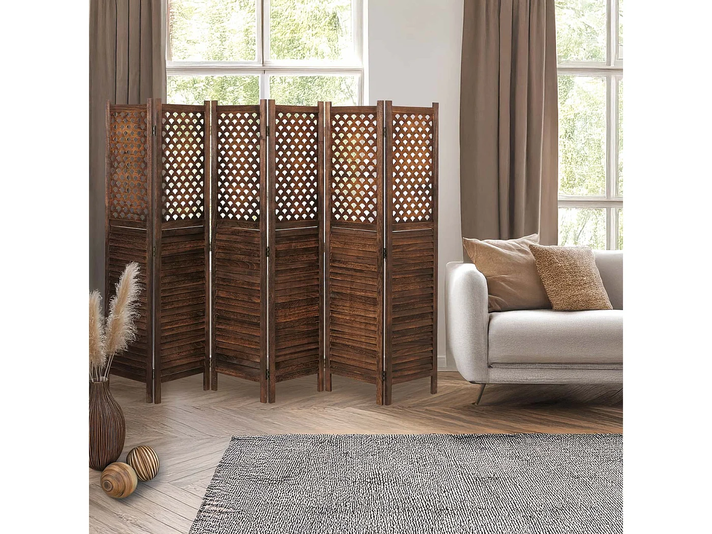 Paravento divisore separè decorativo MCW-A84 6 pannelli 245x170cm marrone