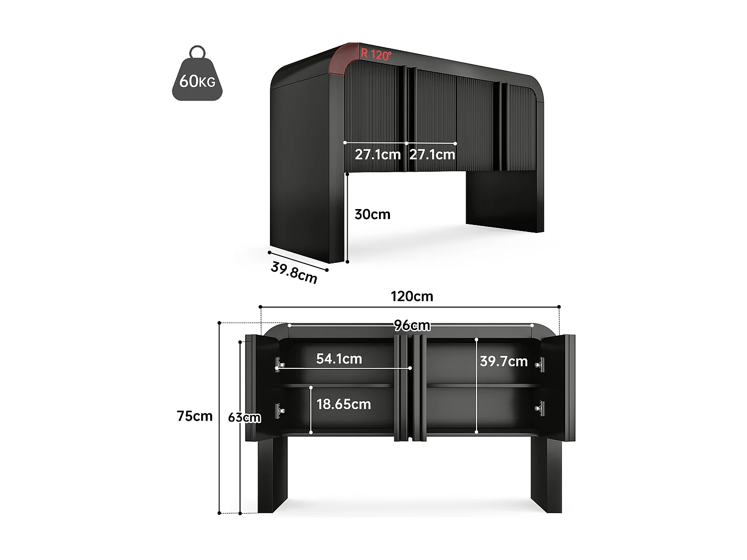 Buffet moderno – 4 ante con design unico – in MDF – Nero