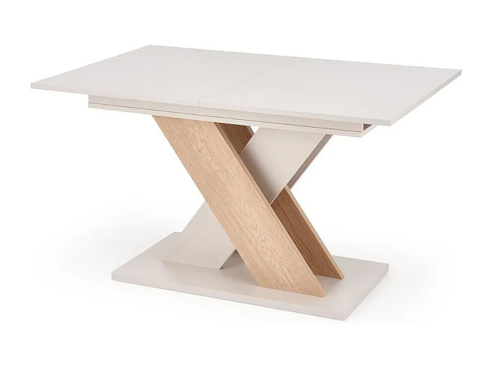 Mesa de comedor extensible APODIS con pata central beige y madera