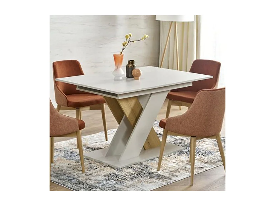 Table à manger extensible avec pied central beige et bois APODIS