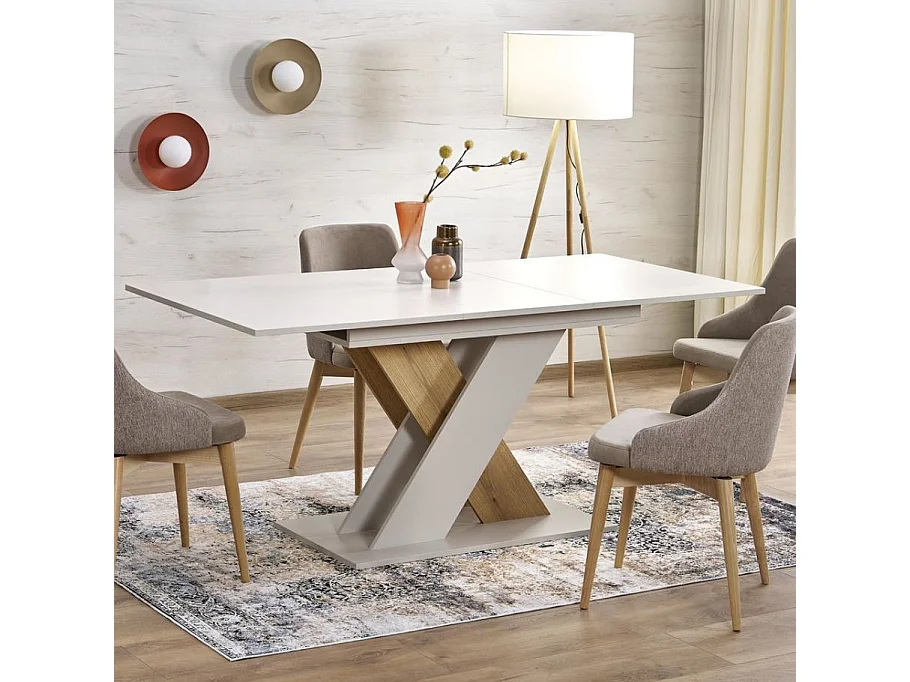 Mesa de comedor extensible APODIS con pata central beige y madera