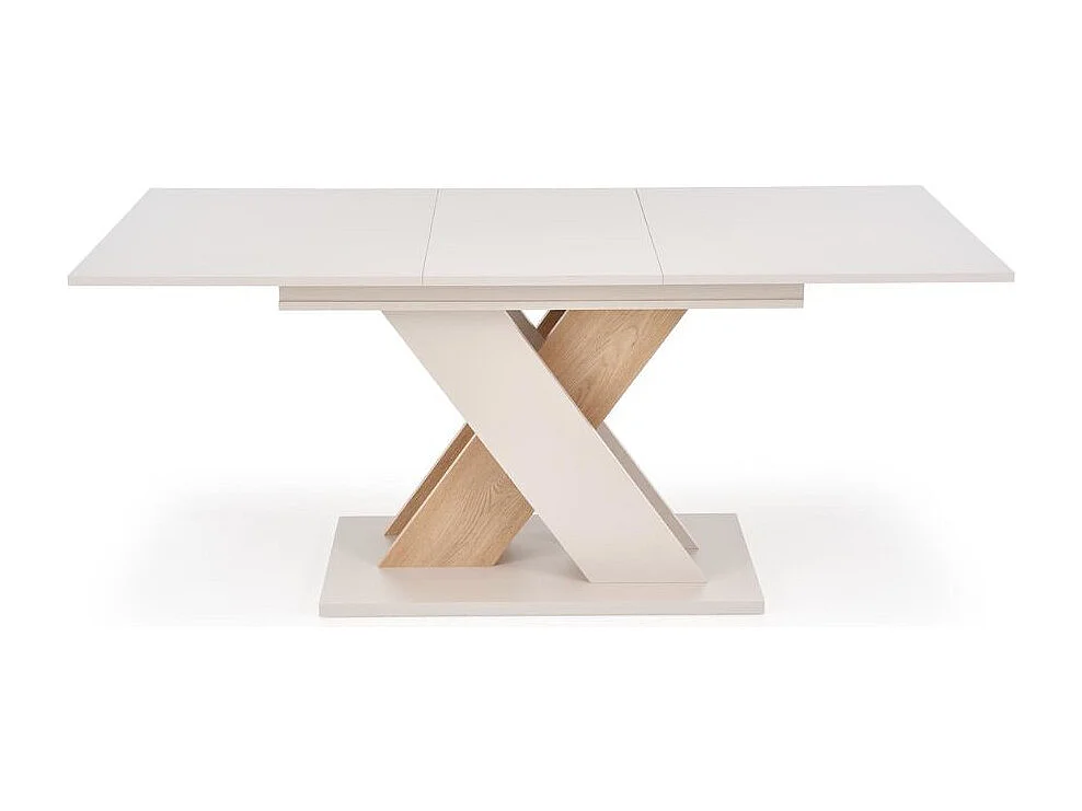 Mesa de comedor extensible APODIS con pata central beige y madera