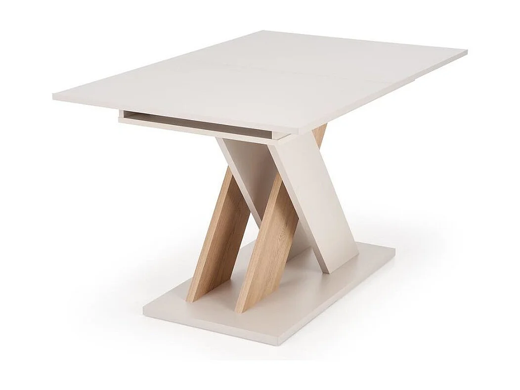 Mesa de comedor extensible APODIS con pata central beige y madera