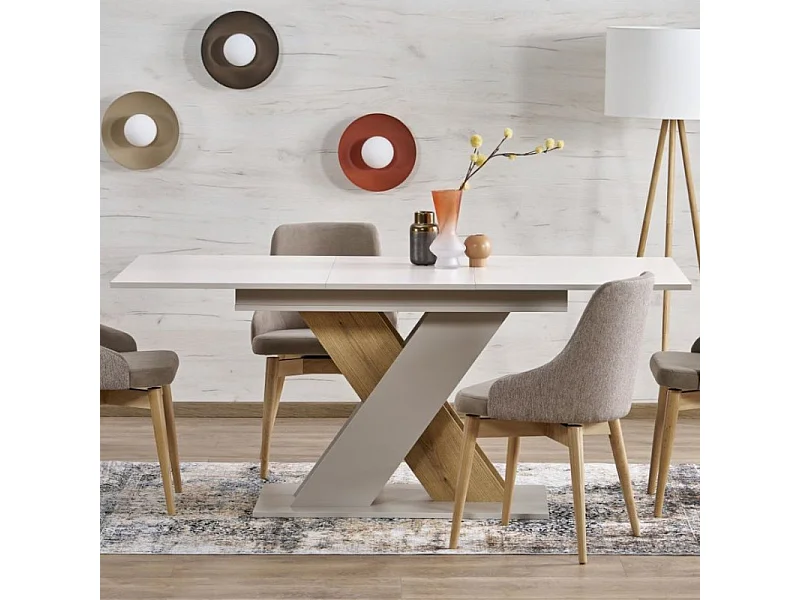 Mesa de comedor extensible APODIS con pata central beige y madera