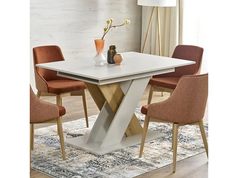 Table à manger extensible avec pied central beige et bois APODIS