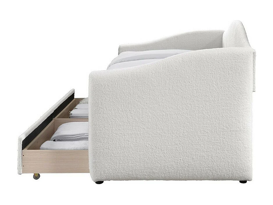 Lit 90 x 200 cm en tissu bouclé beige avec tiroirs Sabe