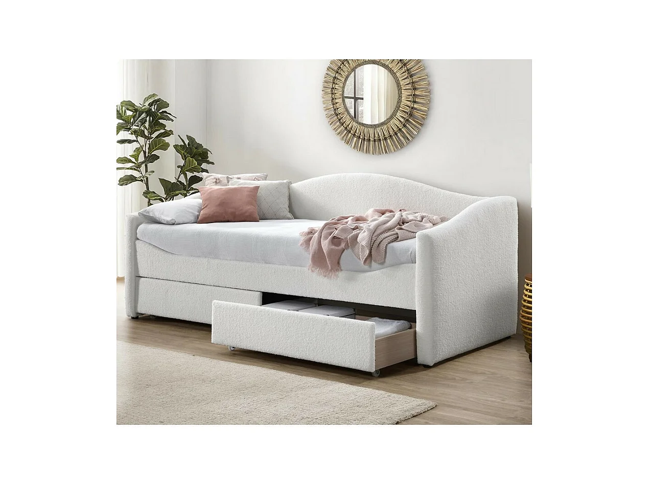 Lit 90 x 200 cm en tissu bouclé beige avec tiroirs Sabe
