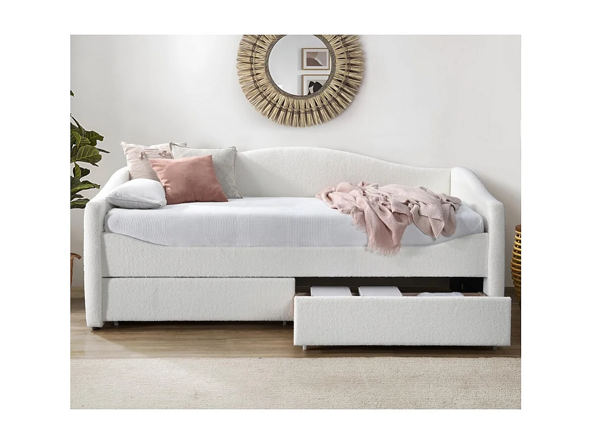 Letto 90 x 200 cm in tessuto bouclé beige con cassetti Sabe