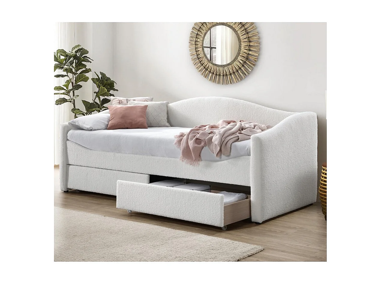 Lit 90 x 200 cm en tissu bouclé beige avec tiroirs Sabe