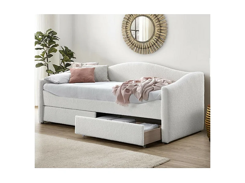 Letto 90 x 200 cm in tessuto bouclé beige con cassetti Sabe