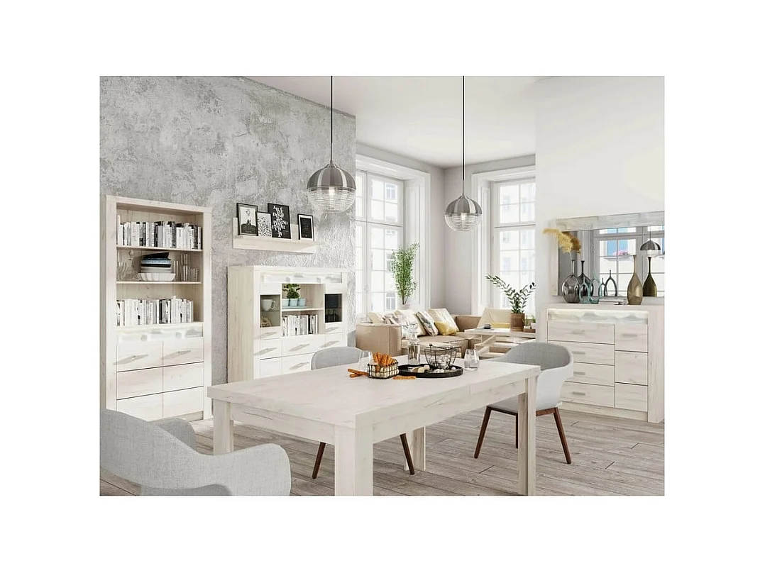 Cómoda Forever de 4 cajones de madera blanqueada con tiradores de metal - Con LED