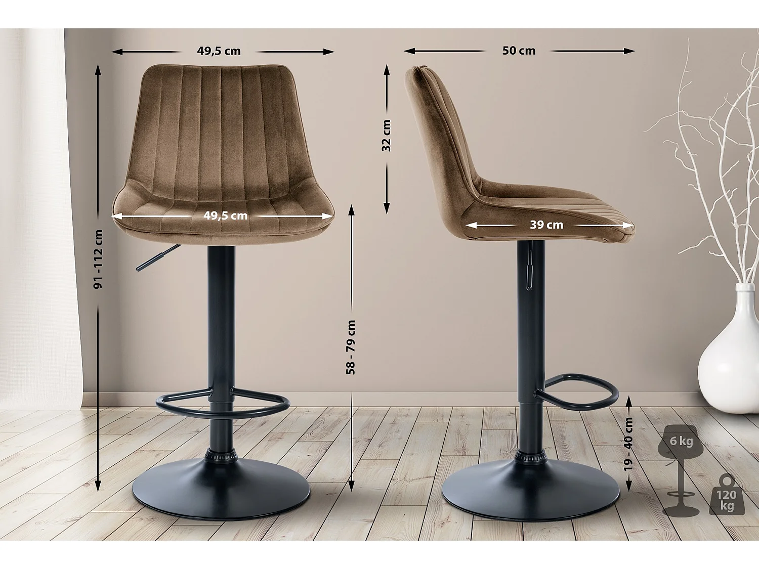 Lot de 2  Tabouret de bar - Velours - Marron - Toni