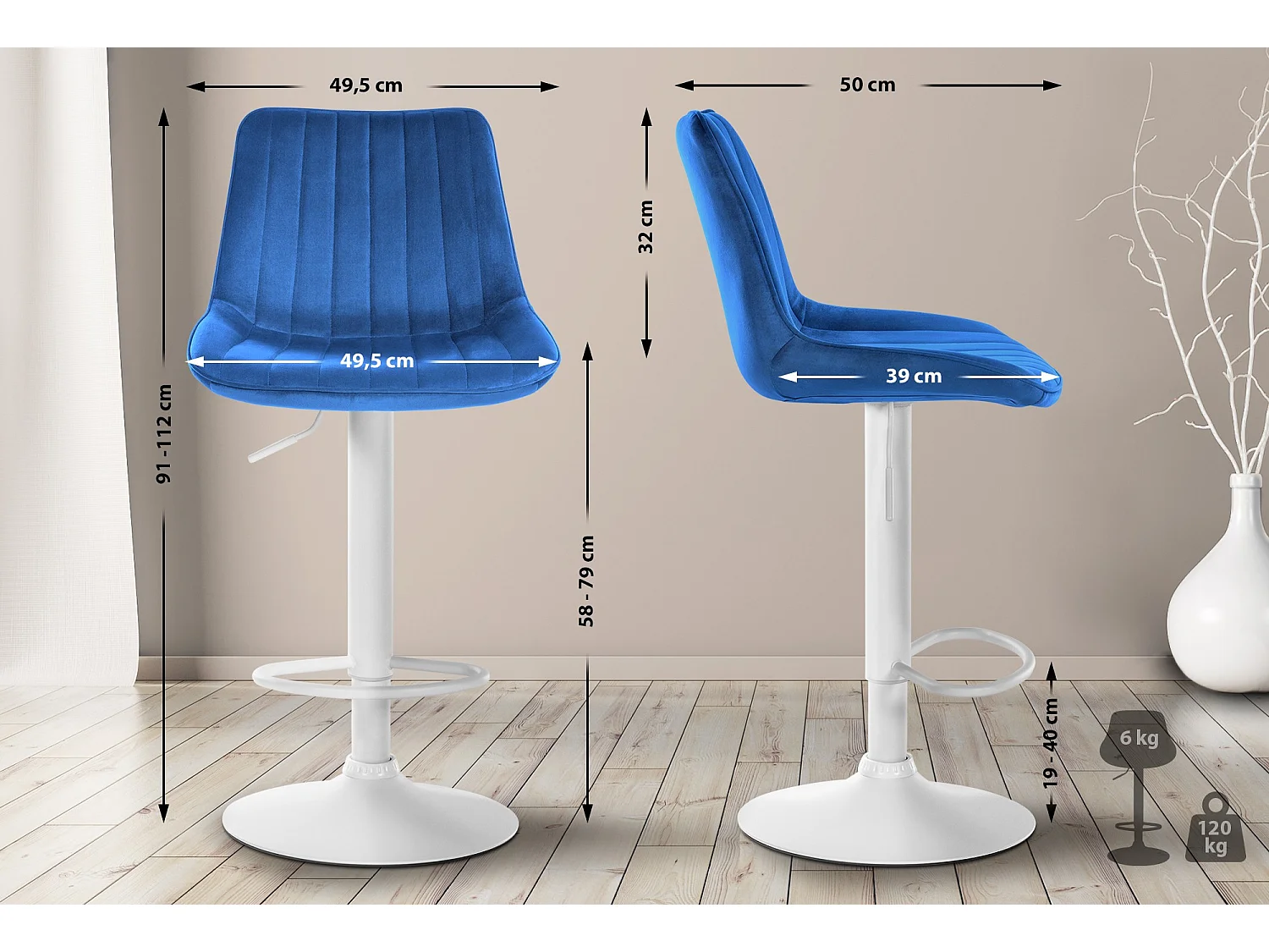 Lot de 2  Tabouret de bar - Velours - Bleu - Toni