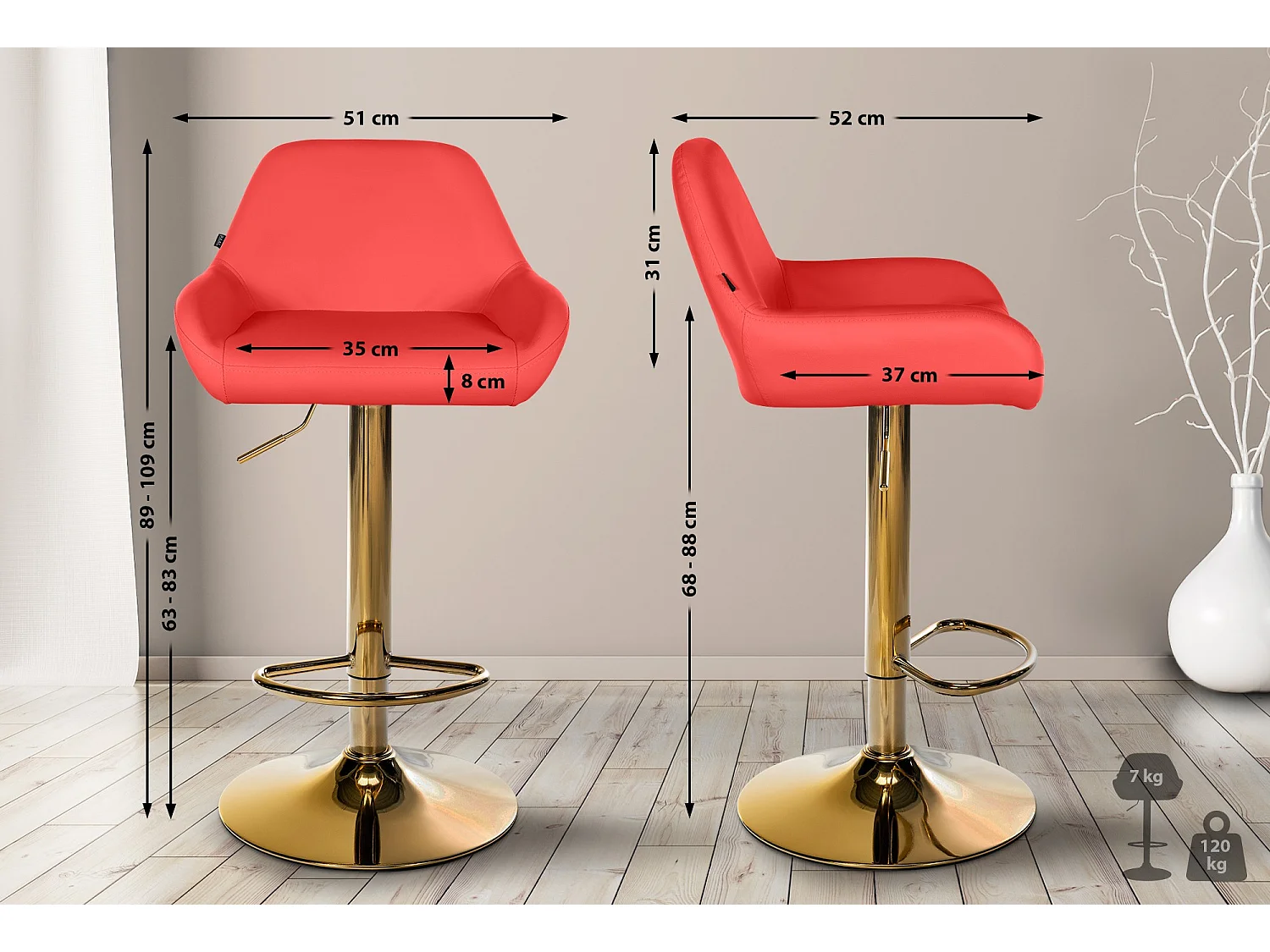 Tabouret de bar - Similicuir & Blanc - Rouge - Braga