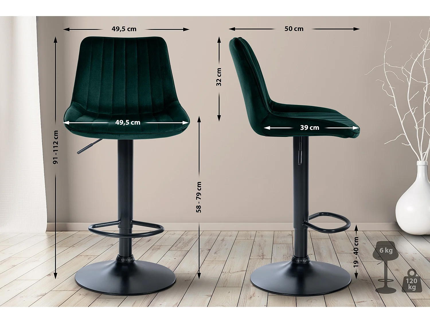 Lot de 2  Tabouret de bar - Velours - Vert - Toni